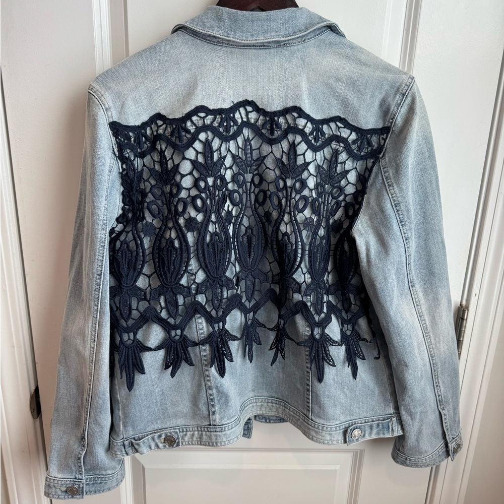 Chico's Jacket Blue Denim Jean Jacket Trucker Lace Blue Size large